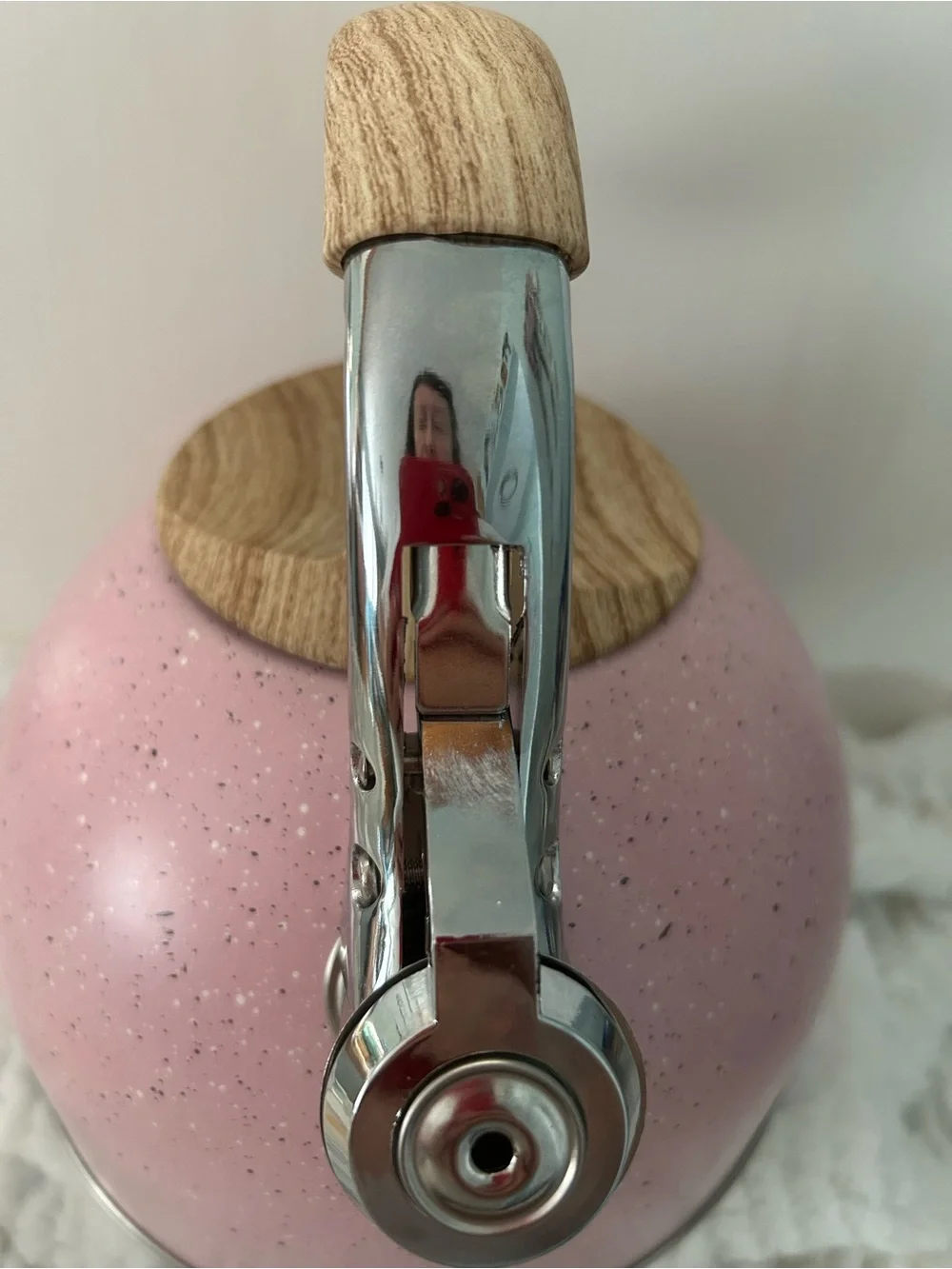 Just Teazen Speckled Pink Stovetop Whistling Tea Kettle with Wood-Style Handle